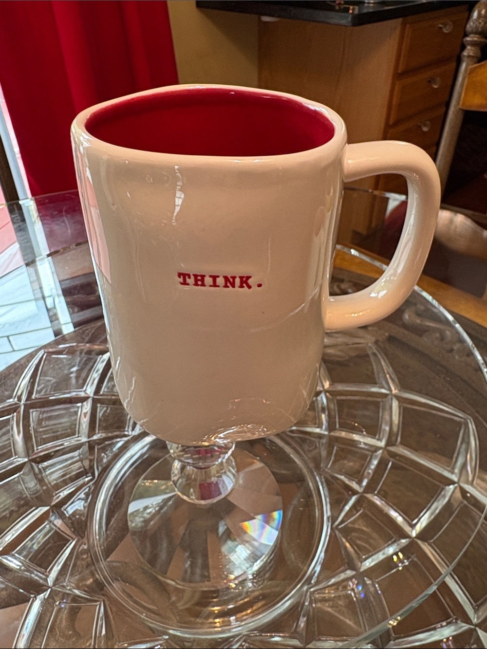 Rae Dunn White Outside Red Inside a Small "Think", Coffee Tea Mug 16 oz